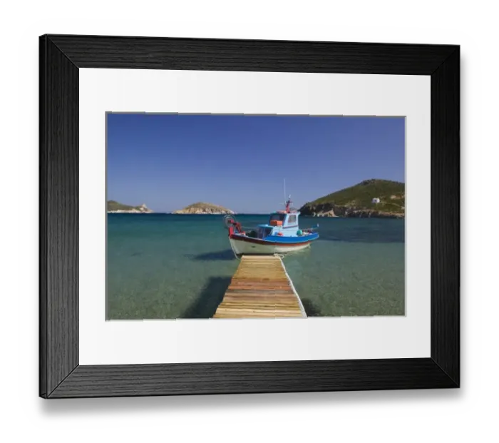 Framed Print : GREECE, Dodecanese Islands, PATMOS, Kampos: Shore view with small boat / Livadi Geranos Framed Print : GREECE, Dodecanese Islands, PATMOS, Kampos: Shore view with small boat / Livadi Geranos