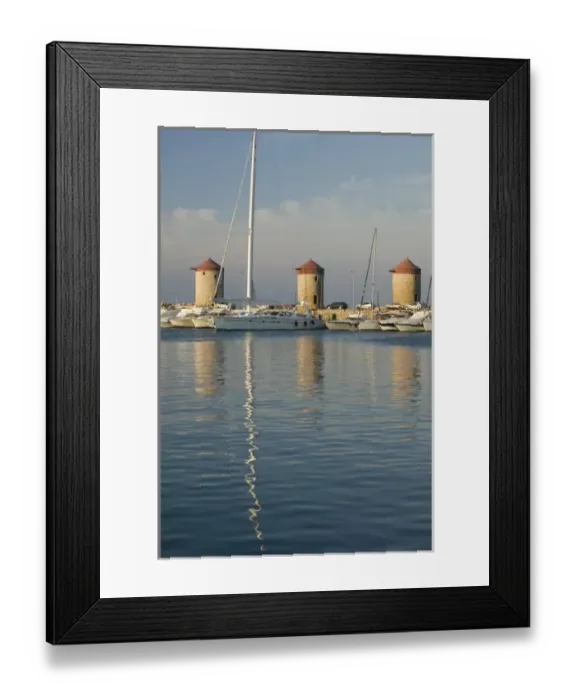 Framed Print : GREECE, Dodecanese Islands, RHODES, Rhodes Town: Mandraki Harbor, Old Windmills