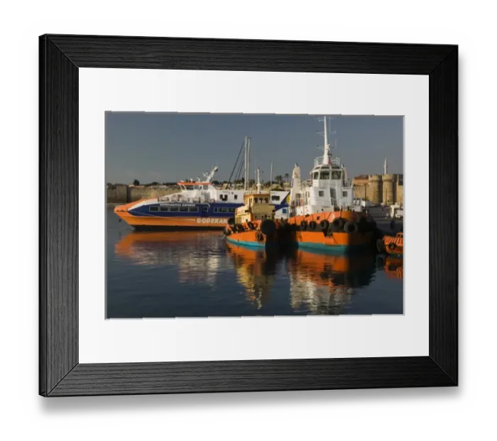 Framed Print : GREECE-Dodecanese Islands-RHODES-Rhodes Town: Commercial Harbor-Reflections of Tugboats Framed Print : GREECE-Dodecanese Islands-RHODES-Rhodes Town: Commercial Harbor-Reflections of Tugboats