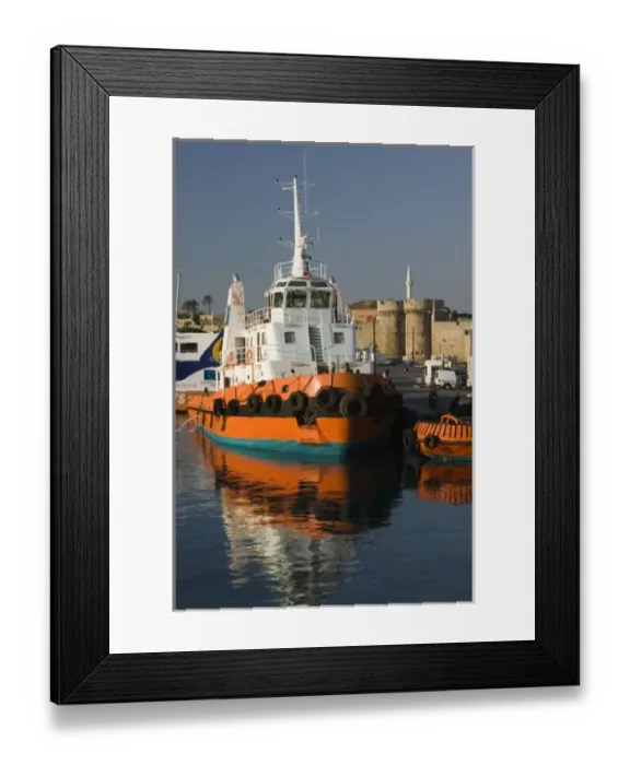 Framed Print : GREECE, Dodecanese Islands, RHODES, Rhodes Town: Commercial Harbor, Reflections of Framed Print : GREECE, Dodecanese Islands, RHODES, Rhodes Town: Commercial Harbor, Reflections of