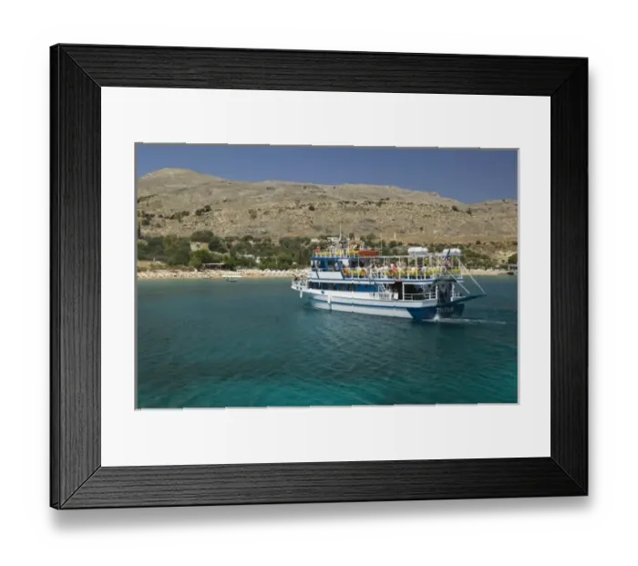Framed Print : GREECE, Dodecanese Islands, RHODES, Lindos: Lindos Harbor, Tour boat with visitors Framed Print : GREECE, Dodecanese Islands, RHODES, Lindos: Lindos Harbor, Tour boat with visitors