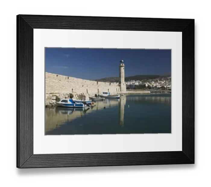 Framed Print : GREECE, CRETE, Rethymno Province, Rethymno: Venetian Harbor with lighthouse  /  Daytime
