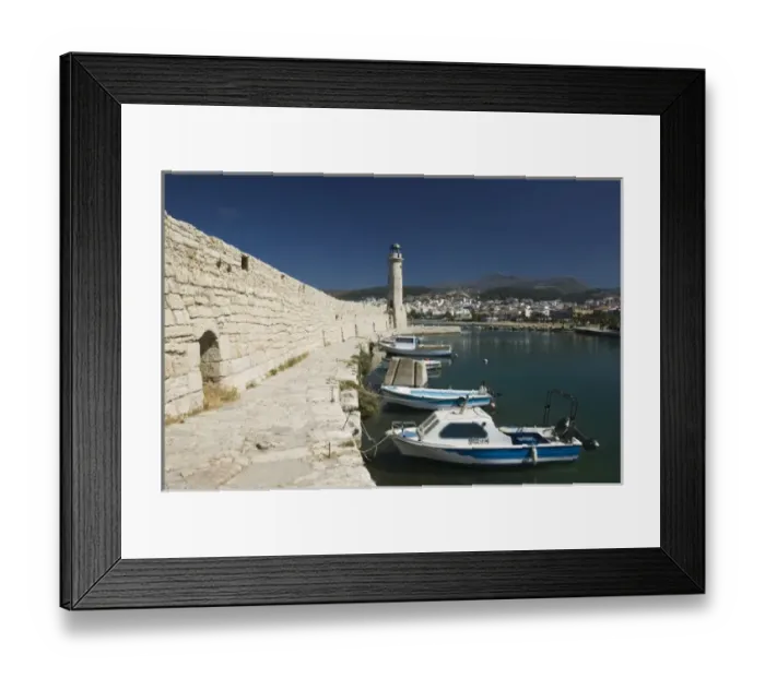 Framed Print : GREECE, CRETE, Rethymno Province, Rethymno: Venetian Harbor with lighthouse  /  Daytime