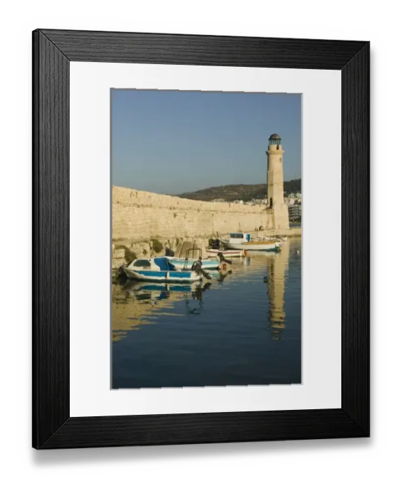 Framed Print : GREECE, CRETE, Rethymno Province, Rethymno: Venetian Harbor with lighthouse  /  Sunset