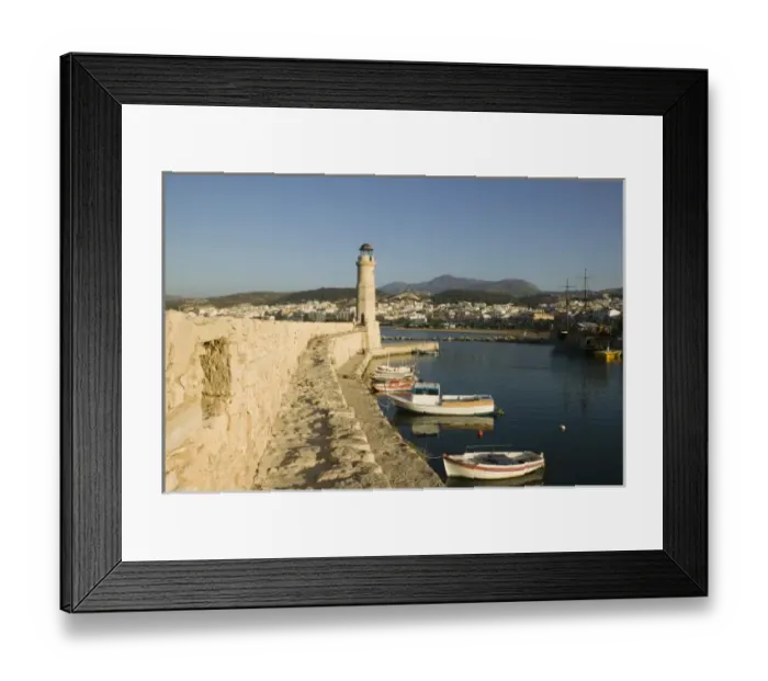 Framed Print : GREECE, CRETE, Rethymno Province, Rethymno: Venetian Harbor with lighthouse  /  Sunset