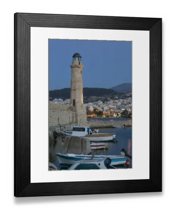 Framed Print : GREECE, CRETE, Rethymno Province, Rethymno: Venetian Harbor and Lighthouse  /  Dusk
