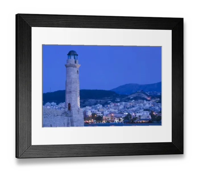Framed Print : GREECE, CRETE, Rethymno Province, Rethymno: Venetian Harbor and Lighthouse  /  Dusk