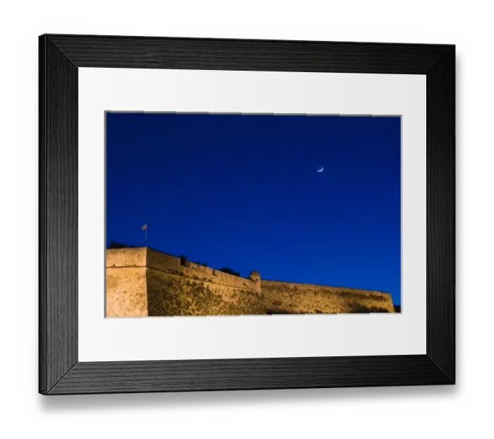 Framed Print : GREECE, CRETE, Rethymno Province, Rethymno: 16th century Fortress & moonset  /  Dusk