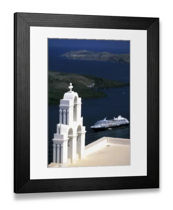 Framed Print : Greece, Cyclades Islands, Santorini, Thira. Famous view from Kimisis Theotokov church Framed Print : Greece, Cyclades Islands, Santorini, Thira. Famous view from Kimisis Theotokov church