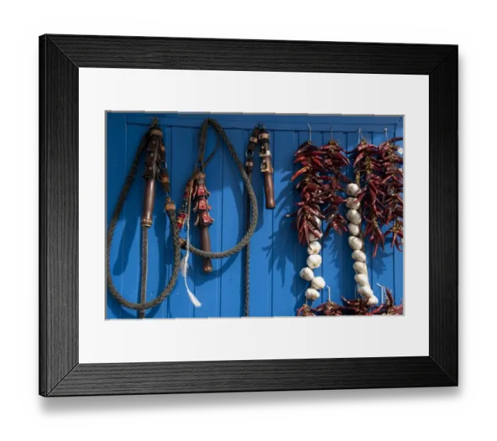 Framed Print : Hungary, Kalocsa. Fresh garlic and local sweet paprika hanging on blue door, with Framed Print : Hungary, Kalocsa. Fresh garlic and local sweet paprika hanging on blue door, with