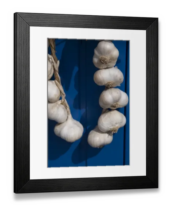 Framed Print : Hungary, Kalocsa. Fresh garlic bulbs hanging on blue door