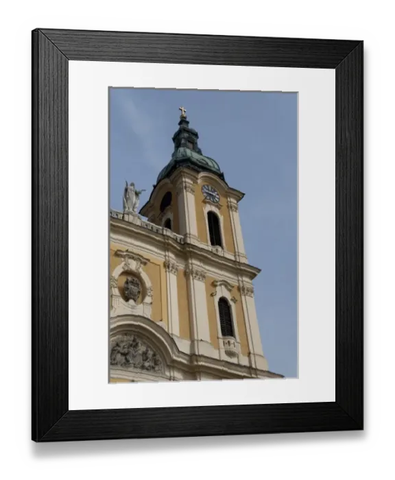 Framed Print : Hungary, Kalocsa. Historic baroque Kalocsa Cathedral, exterior. Bell tower with clock