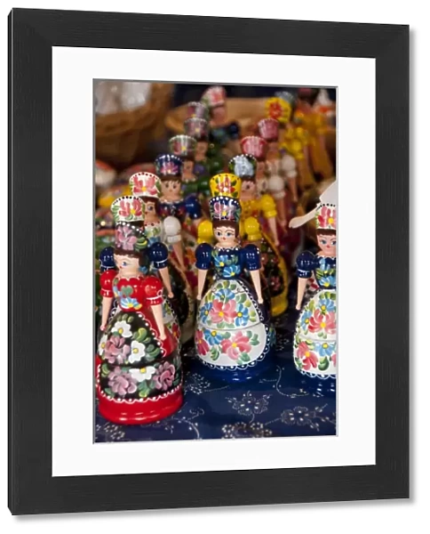 Hungary, Kalocsa. Typical Hungarian souvenirs, wooden dolls in traditional costume