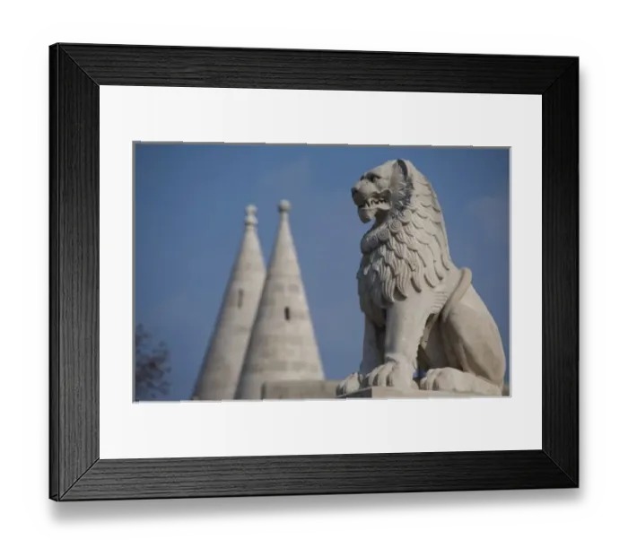 Framed Print : Hungary, capital city of Budapest. Buda, Castle Hill, lion statue in front of castle
