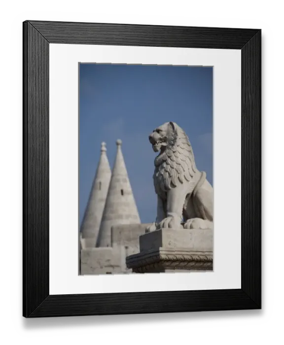 Framed Print : Hungary, capital city of Budapest. Buda, Castle Hill, lion statue in front of castle
