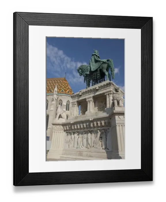 Framed Print : Hungary, Budapest, Castle Hill, Fishermans Bastion. Statue of King Stephen in front of St