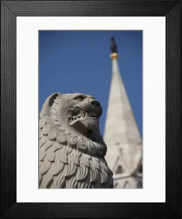 Framed Print : Hungary, capital city of Budapest. Buda, Castle Hill, lion statue in front of castle Framed Print : Hungary, capital city of Budapest. Buda, Castle Hill, lion statue in front of castle