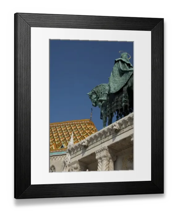 Framed Print : Hungary, Budapest, Castle Hill, Fishermans Bastion. Statue of King Stephen in front of St Framed Print : Hungary, Budapest, Castle Hill, Fishermans Bastion. Statue of King Stephen in front of St