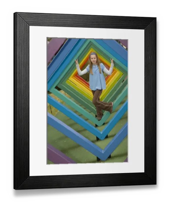 Framed Print : Japan, Kanagawa prefecture, Hakone, Open Air Museum, girl (age 10) climbing on rainbow sculpture Framed Print : Japan, Kanagawa prefecture, Hakone, Open Air Museum, girl (age 10) climbing on rainbow sculpture