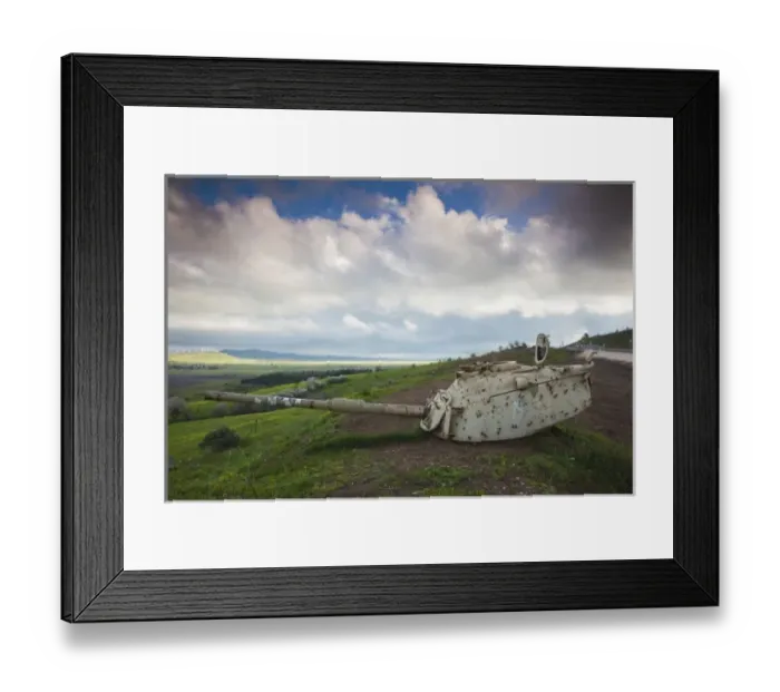 Framed Print : Israel, Golan Heights, MItzpe Quneitra, turret of Israeli tank points to Syrian town Framed Print : Israel, Golan Heights, MItzpe Quneitra, turret of Israeli tank points to Syrian town