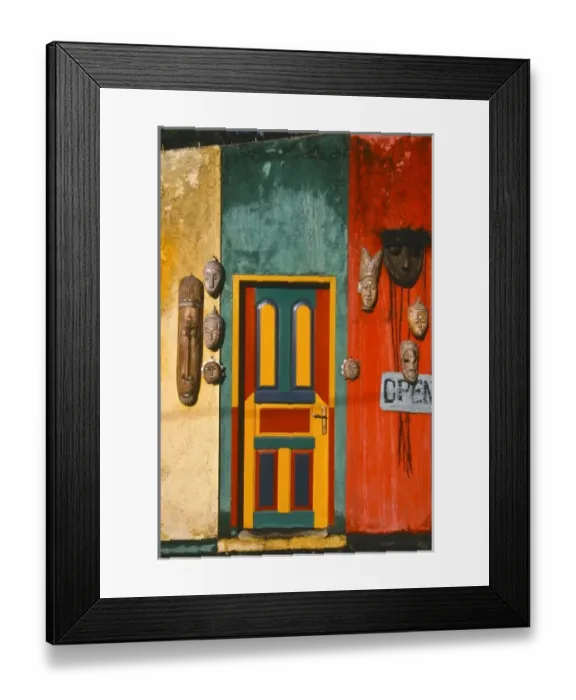 Framed Print : Asia, Indonesia, Bali, Ubud. Colorfully painted building decorated with masks Framed Print : Asia, Indonesia, Bali, Ubud. Colorfully painted building decorated with masks
