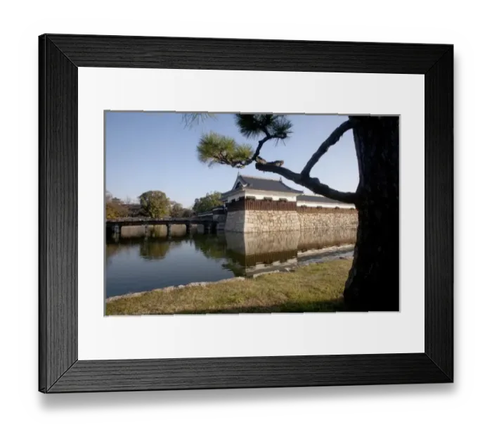 Framed Print : Branches frame moat and guard tower of the Hiroshima Castle grounds in central Hiroshima, Japan Framed Print : Branches frame moat and guard tower of the Hiroshima Castle grounds in central Hiroshima, Japan