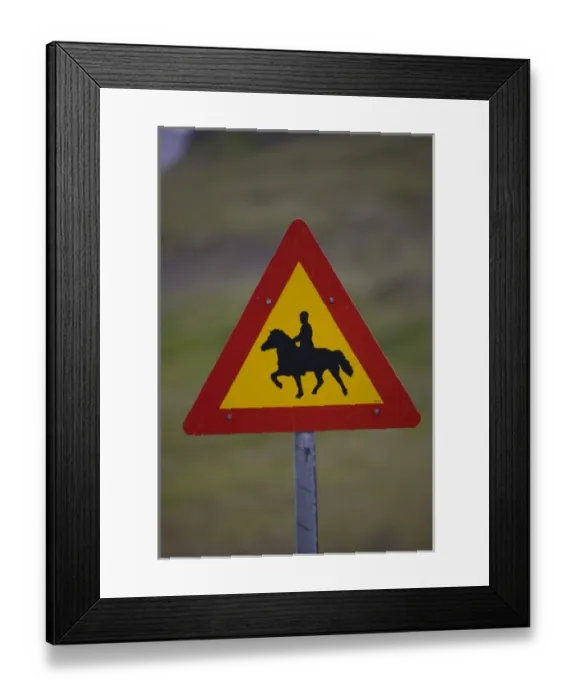 Framed Print : Iceland, Snaefellsnes Peninsula. A road sign warning motorists of an equestrian crossing Framed Print : Iceland, Snaefellsnes Peninsula. A road sign warning motorists of an equestrian crossing