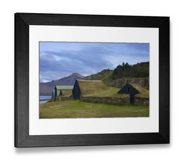 Framed Print : Iceland, Borgarnes. Sod-roofed sheds Framed Print : Iceland, Borgarnes. Sod-roofed sheds