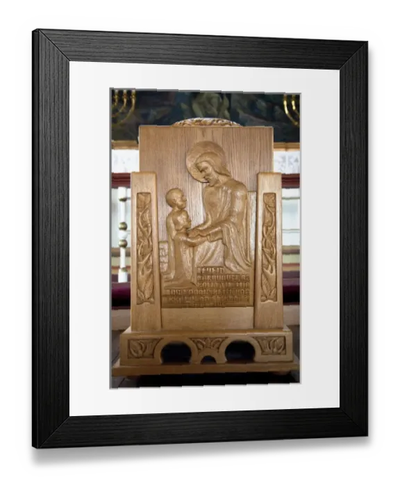 Framed Print : Baptismal font, town church of Husavik, Iceland shows Christ adoring little children