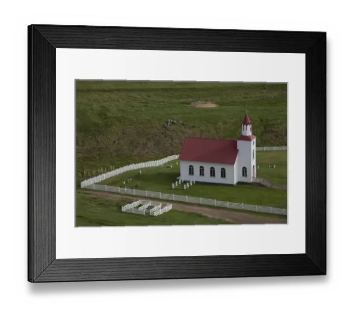 Framed Print : Church and farm in pastoral valley at foot of Mt. Helgafell in southwest Iceland Framed Print : Church and farm in pastoral valley at foot of Mt. Helgafell in southwest Iceland
