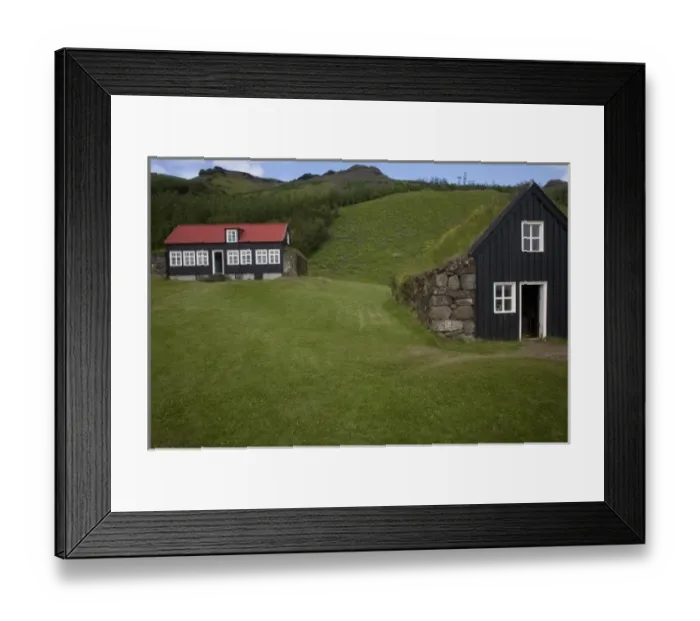 Framed Print : Classic Icelandic rural architecture in sod-roofed workshop (R) and traditional schoolhouse Framed Print : Classic Icelandic rural architecture in sod-roofed workshop (R) and traditional schoolhouse