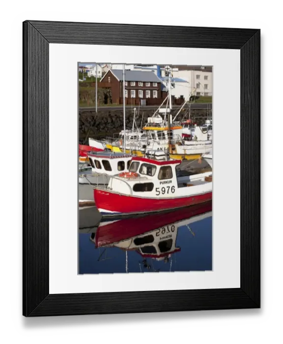 Framed Print : Fishing boats mirrored in the waters of the inner harbor of Stykkisholmur, Iceland Framed Print : Fishing boats mirrored in the waters of the inner harbor of Stykkisholmur, Iceland