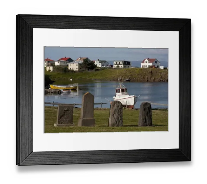 Framed Print : Gravestones at cove landing at fishing village near Stykkisholmur in Western Iceland Framed Print : Gravestones at cove landing at fishing village near Stykkisholmur in Western Iceland