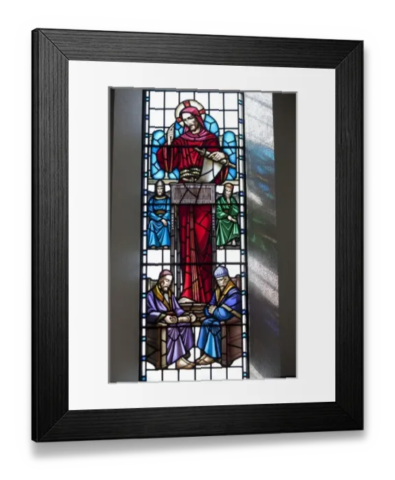 Framed Print : Stained glass window in Lutheran Church of Akureyri, Iceland shows Christ reading Framed Print : Stained glass window in Lutheran Church of Akureyri, Iceland shows Christ reading