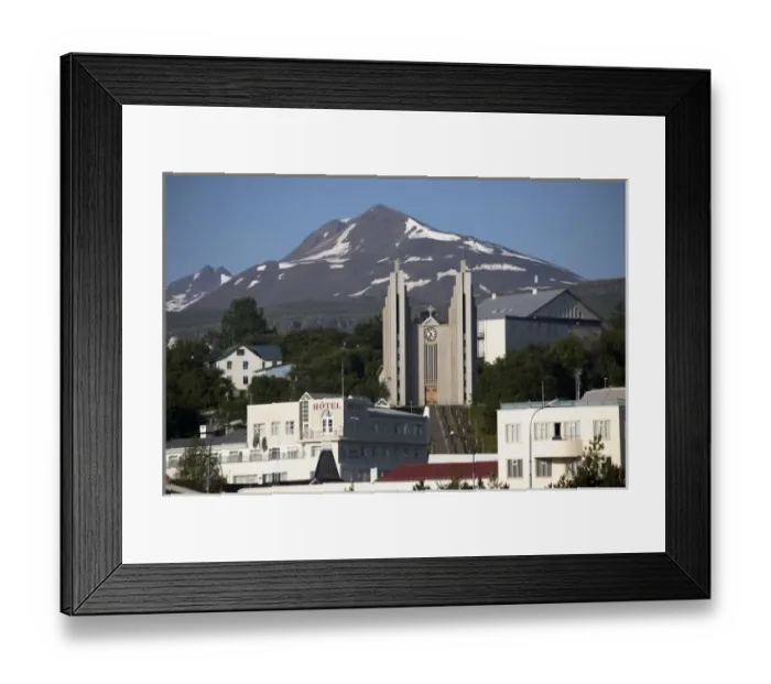 Framed Print : The heart of Akureyri just 40 miles from the Arctic Circle features its Lutheran
