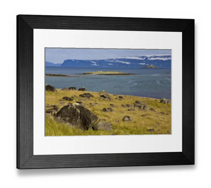 Framed Print : Europe, Iceland, West Fjords, North Atlantic Ocean, scenic landscape of grasses, sea Framed Print : Europe, Iceland, West Fjords, North Atlantic Ocean, scenic landscape of grasses, sea