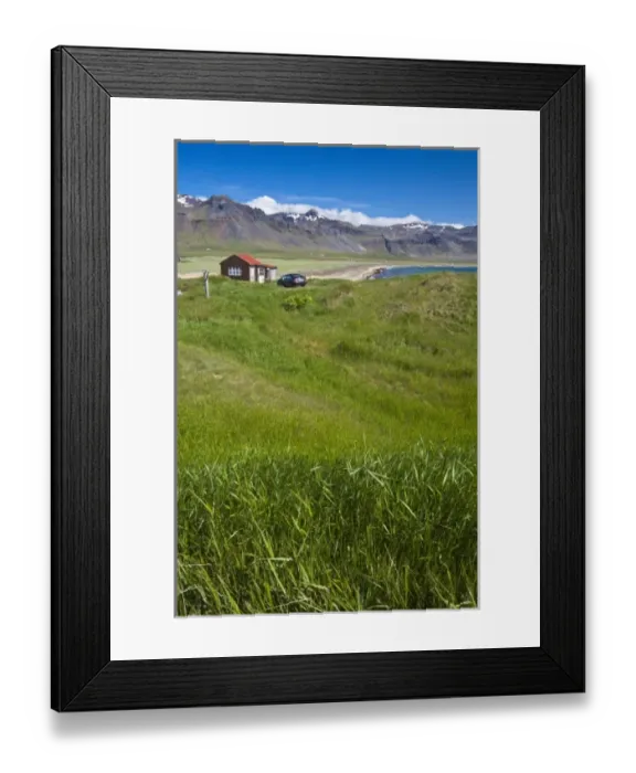 Framed Print : Europe, Iceland, Snaefellsnes Peninsula, scenic landscape with house and car Framed Print : Europe, Iceland, Snaefellsnes Peninsula, scenic landscape with house and car
