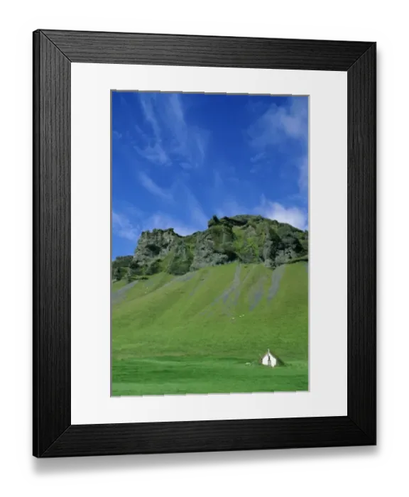 Framed Print : Iceland, South coast near Vik, Green hills and turf-roof cottage Framed Print : Iceland, South coast near Vik, Green hills and turf-roof cottage