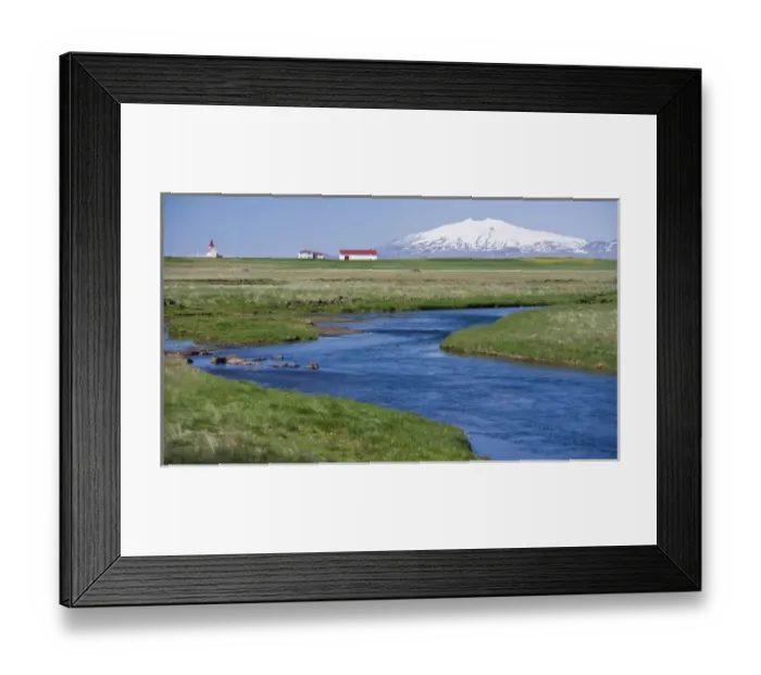 Framed Print : View of Icelandic farm, with Snaefellsjokull volcano in the distance