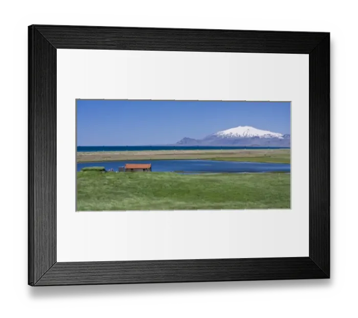 Framed Print : View of Icelandic farm, with Snaefellsjokull volcano in the distance Framed Print : View of Icelandic farm, with Snaefellsjokull volcano in the distance