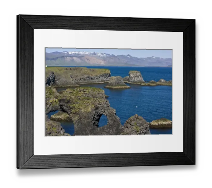 Framed Print : View of basaltic rock formations on the Snaefellsness peninsula near Snaefellsjokull volcano Framed Print : View of basaltic rock formations on the Snaefellsness peninsula near Snaefellsjokull volcano