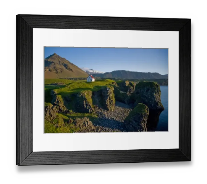 Framed Print : House near basaltic columns with Snaefellsjokull Volcano in the background