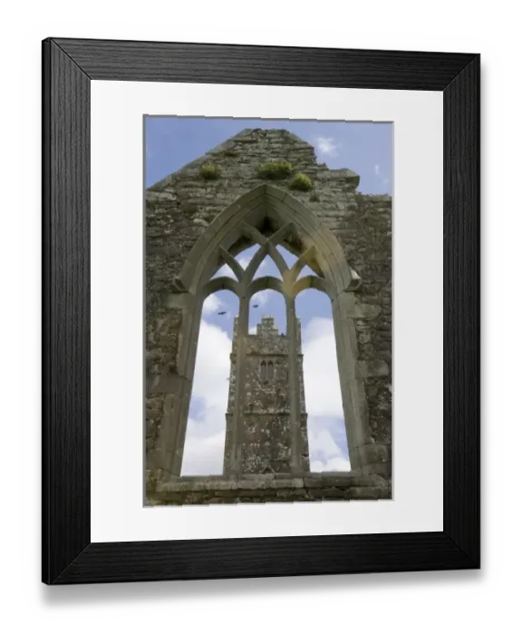 Framed Print : Ireland, Galway. Ross Errilly Friary bell tower viewed through an arched window Framed Print : Ireland, Galway. Ross Errilly Friary bell tower viewed through an arched window