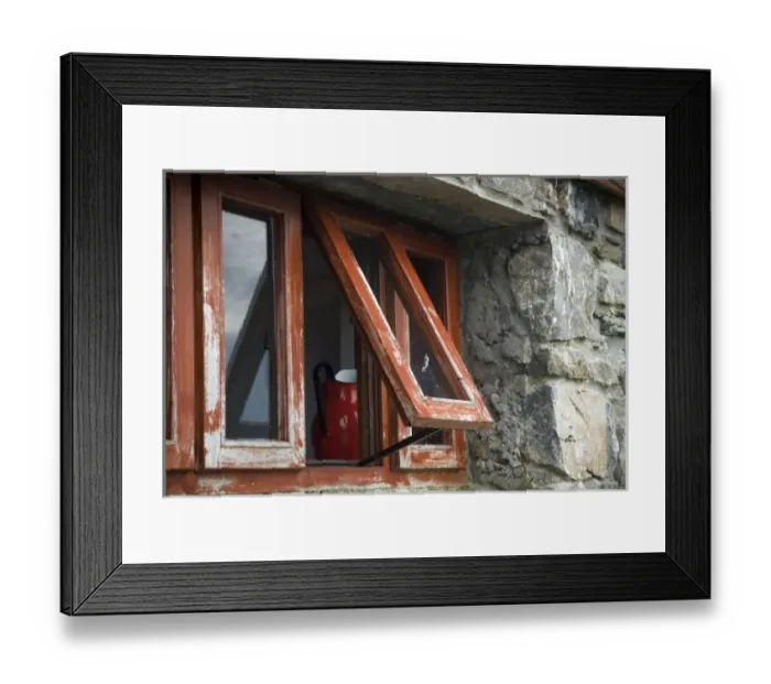 Framed Print : Ireland, Drumcliffe. A red ceramic pitcher in a faded red window