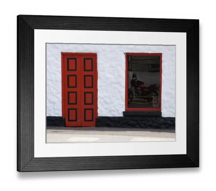 Framed Print : Ireland, Glenties. Reflection of a red motorcycle in a window next to a bright red door Framed Print : Ireland, Glenties. Reflection of a red motorcycle in a window next to a bright red door