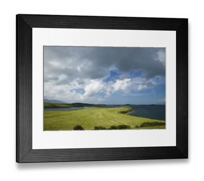 Framed Print : Ireland, County Mayo. A grazing pasture reaches down to the waters of Clew Bay