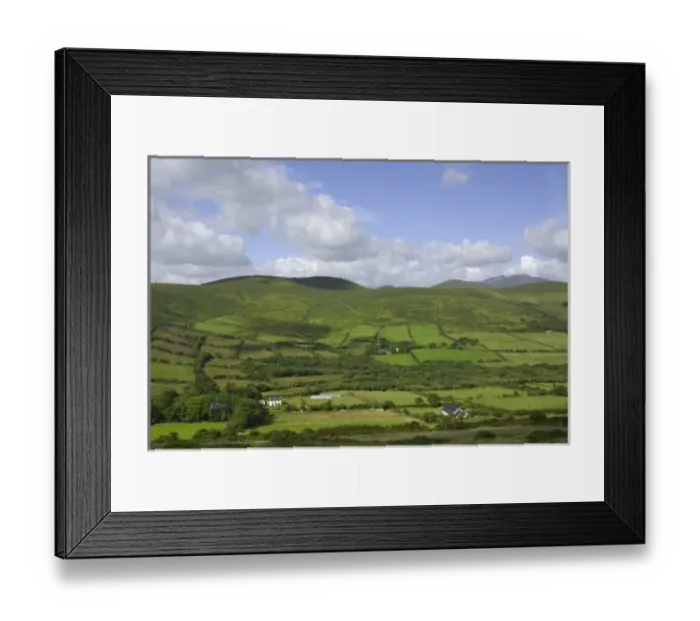 Framed Print : Ireland, Kerry. Dingle Peninsula. Green farmland covering the hills