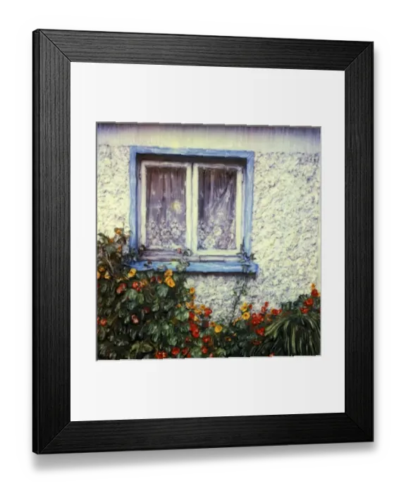 Framed Print : Europe, Ireland, Dingle. Blue framed window on white wall with flowers. Polaroid