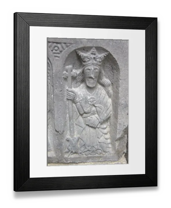 Framed Print : Medieval stone carving of St. Margaret at Jerpoint Abbey in Kilkenny, Ireland