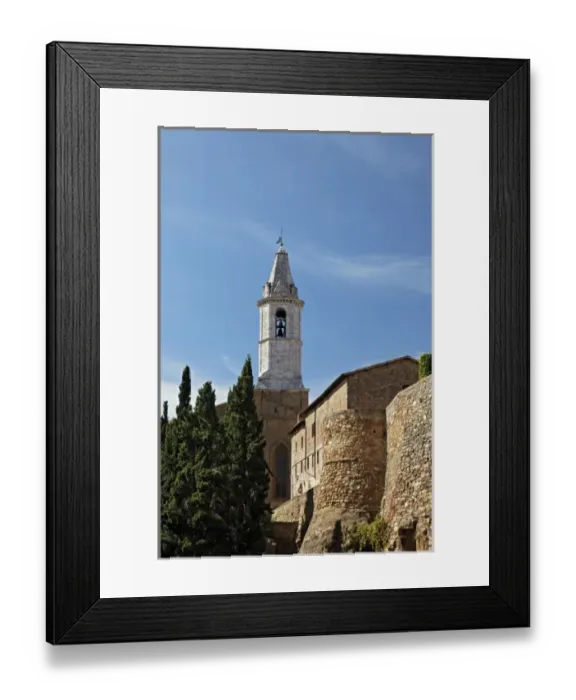 Framed Print : Church steeple and city wall, Pienza, Italy Framed Print : Church steeple and city wall, Pienza, Italy